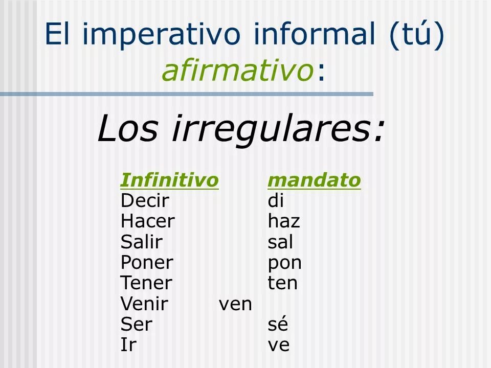 Salir спряжение. Modo imperativo в испанском. Imperativo afirmativo в испанском. Imperativo afirmativo в испанском неправильные глаголы. Императив неправильных глаголов в испанском.