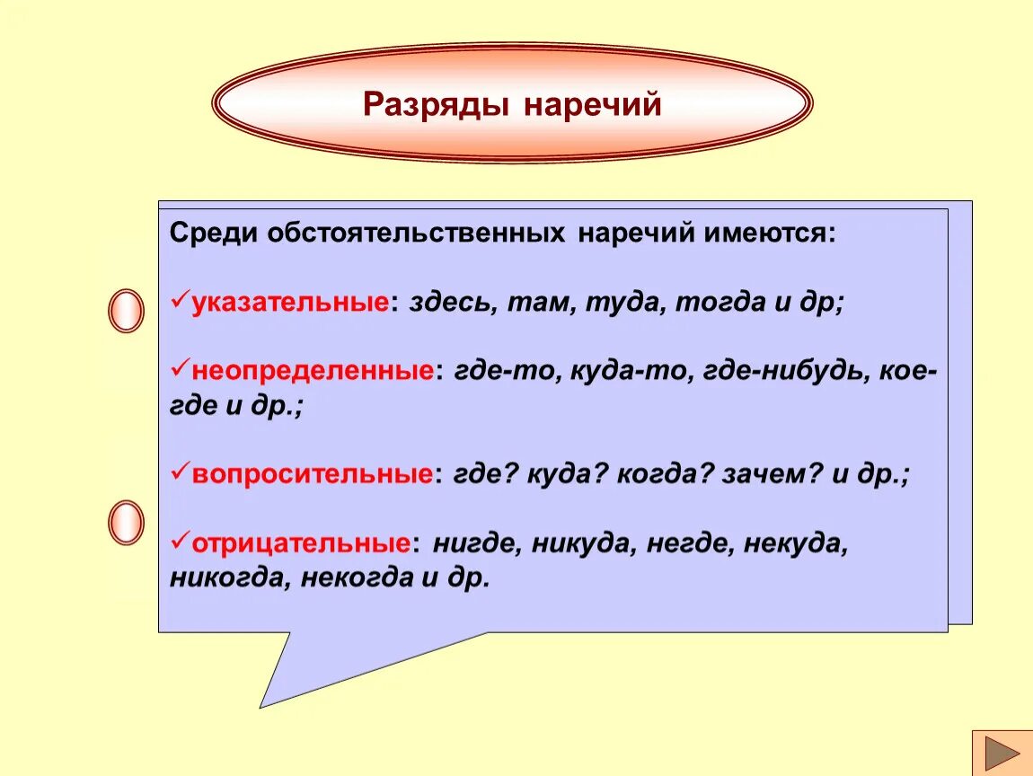 Разряды наречий определительные. Виды обстоятельственных наречий. Обстоятельственные и определительные наречия 7 класс. Наречие виды наречий.