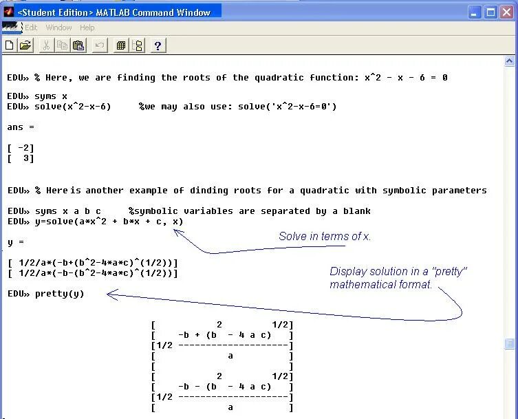 Система уравнение matlab. Solve матлаб. уравнения в матлаб. root матлаб. квадратное уравнение в матлабе.