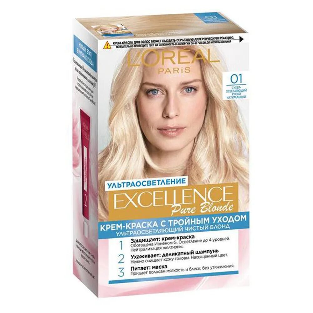 Краска экселанс купить. L'Oreal Paris Excellence оттенок 01. L'Oreal Paris Excellence 01 суперосветляющий русый. Лореаль краска 01 супер осветляющий. Краска лореаль экселанс осветляющая.