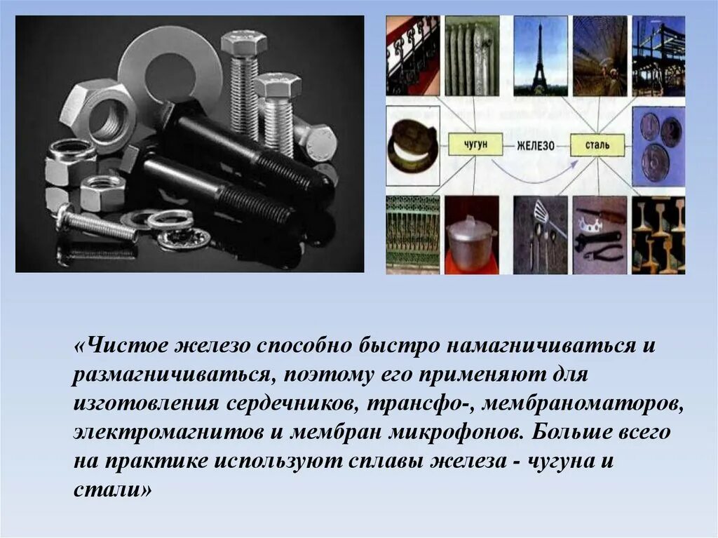 Железо и его сплавы (сталь и чугун).. Железо в промышленности. Железо для электромагнита. Применение чистого железа. Какие сплавы железа применяют на производстве