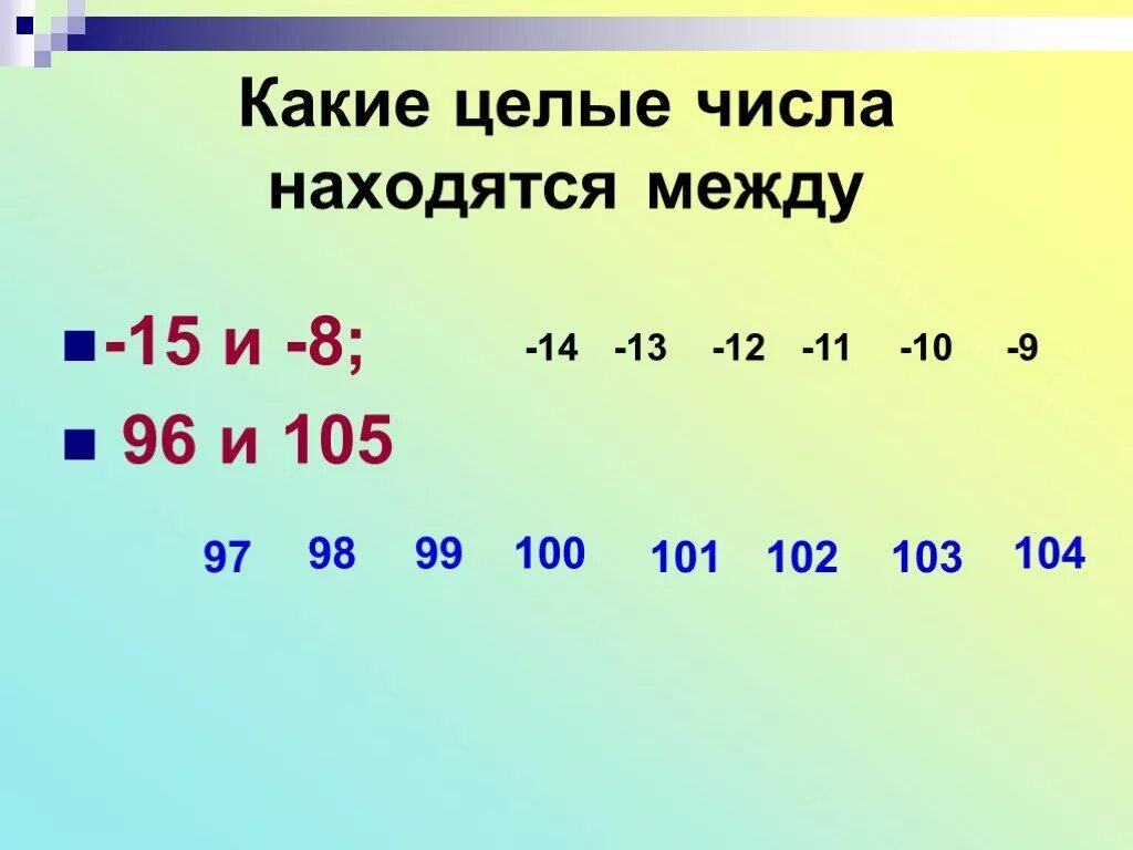 Целые числа это какие. Целые числа между. Между какими целыми числами. Целые числа 6 класс. 104 целых