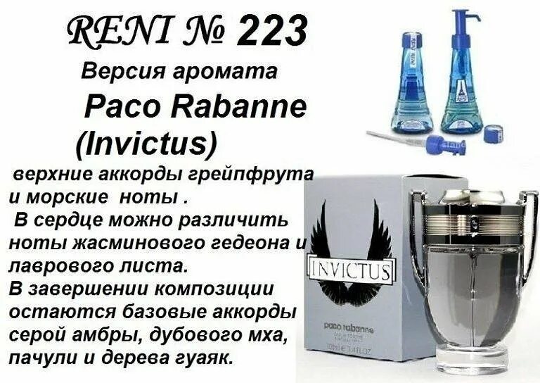 223 Аромат направления Paco Rabanne Invictus. Рени мужские ароматы Пако Рабадан. Reni 223 аромат направления Invictus (Paco Rabanne). Духи Рени 223 мужские.