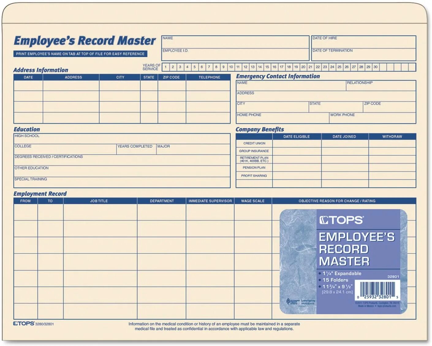 A record of service. Employment record book template. employee of record. master file.