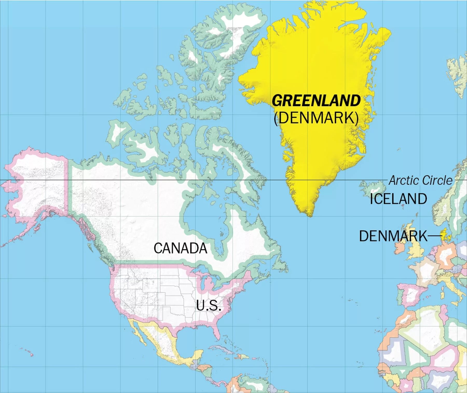 Площадь северной америки с островами. Гренландия на карте. Гренландия политическая карта.