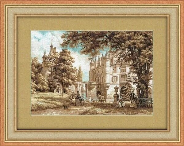 вышивка крестом парк. набор для вышивания панна в парке замка шенонсо. вышивка крестом золотая осень. вышивка крестом парк. осенний пейзаж с мостиком.