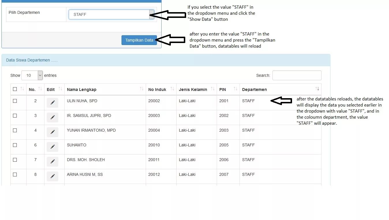 Datatables. Select value datatables. Data Table options. Datatables Django with filtering.