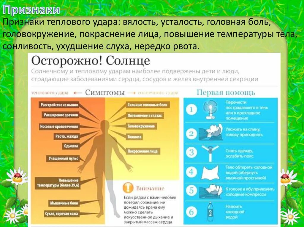 Почему солнечный удар. Тепловой, Солнечный удар (перегревание головы и тела).. Первая помощь при воздействии высоких температур (Солнечный удар). Симптомы перегрева теплового удара. Признаки и первая помощь при солнечных и тепловых ударах.