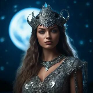 Patroness of the moon, silver jewelry, ((flowers)), wet skin, holds a .&quo...