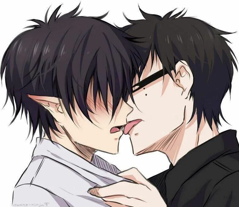 Манга тройничек. Синий экзорцист Рин и Юкио поцелуй. Юкио Окумура поцелуй.