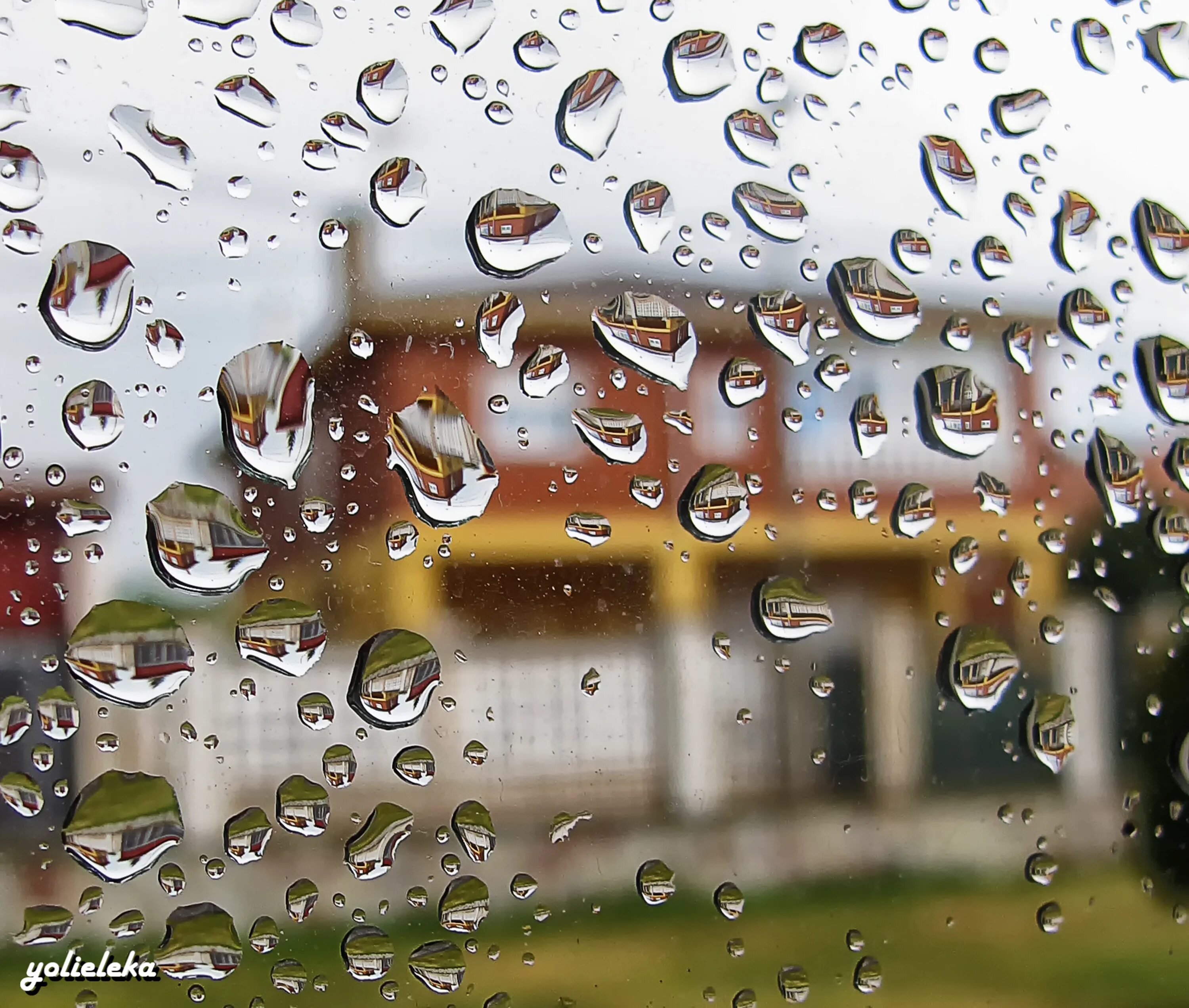 Дождь в стакане. Дождь крупным планом. Капли от дождя на стекле reflection. Макросъемка отражение в каплях. В окна стучали крупные дождевые капли