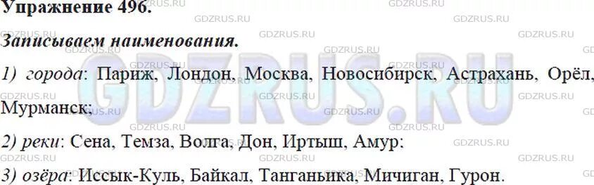 10 собственных имен озер. Русский язык 5 класс упражнение номер 496 2 часть. Рус яз 5 класс номер 496. Запиши 10 собственных имен существительных которые. 5 Класс упражнение номер 496 русский язык.