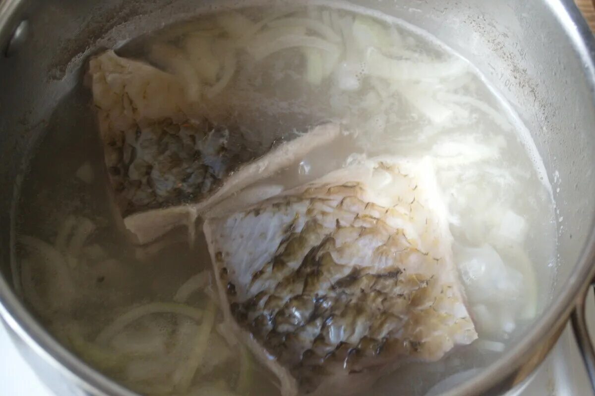Суп из ухи карась. Карась в кастрюле. Варка рыбы порционными кусками. Варим карася. Вареный карась.