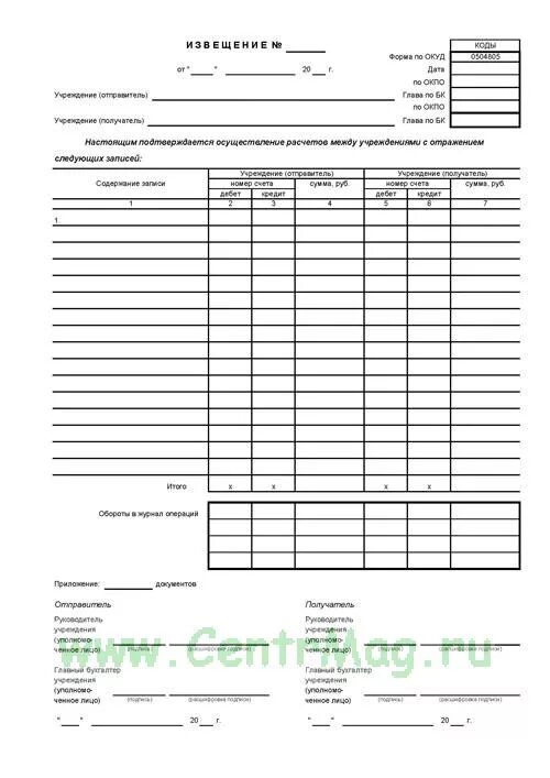 Извещение ОКУД 0504805. Извещение форма по ОКУД 0504805. Форма по ОКУД 0504805. Извещение форма ОКУД 0504805. Приказ 52н с изменениями