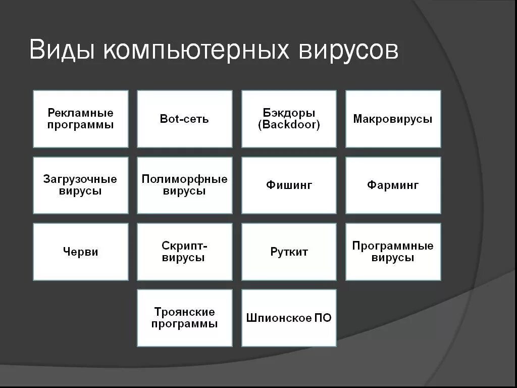 Виды типы вирусов. Основные виды вирусов. Какие бывают вирусы компьютерные. Основные типы программных вирусов. Перечислите типы компьютерных вирусов.