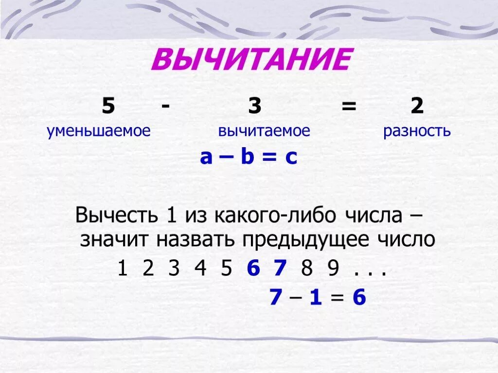 Правило а б равно б а. Вычитание. Разность 1 класс. Вычитание 1 класс правило. Уменьшаемое вычитаемое разность.