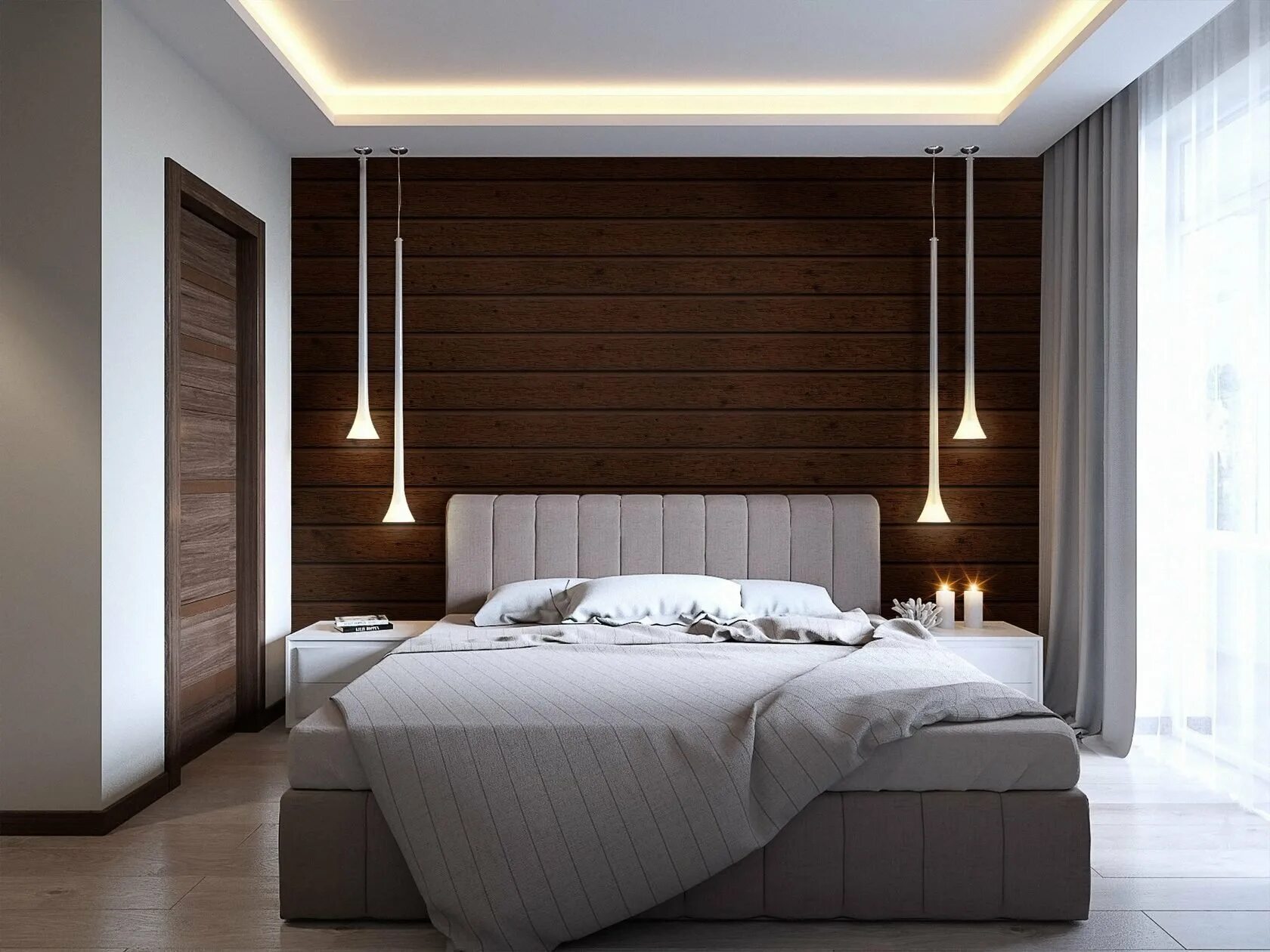 Свет на твоей кровати. Стильная спальня. Деревянная стена в интерьере спальни. Деревянные панели в интерьере спальни. Спальная с деревянными панелями.