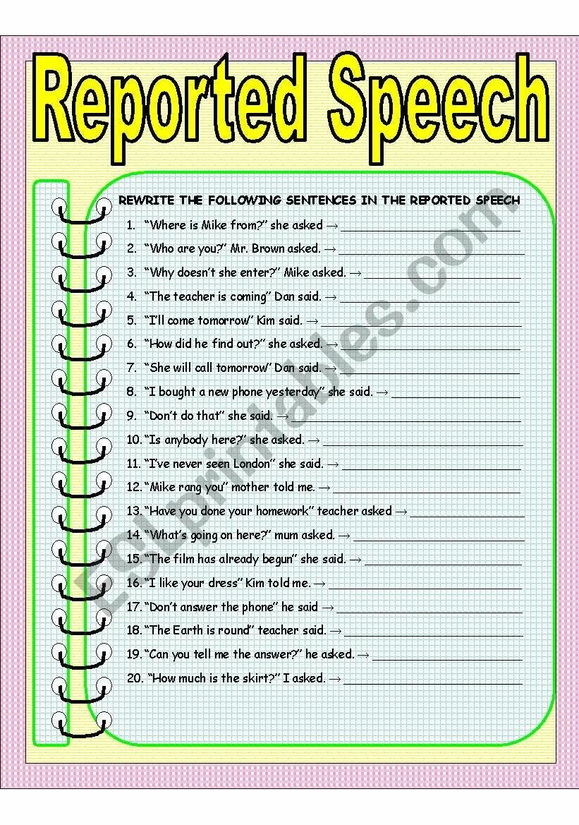 Rewrite the following statements in reported speech. Direct and reported Speech Worksheets. Indirect Speech Worksheets. Reported Speech Worksheets. Direct Speech reported Speech Worksheets.