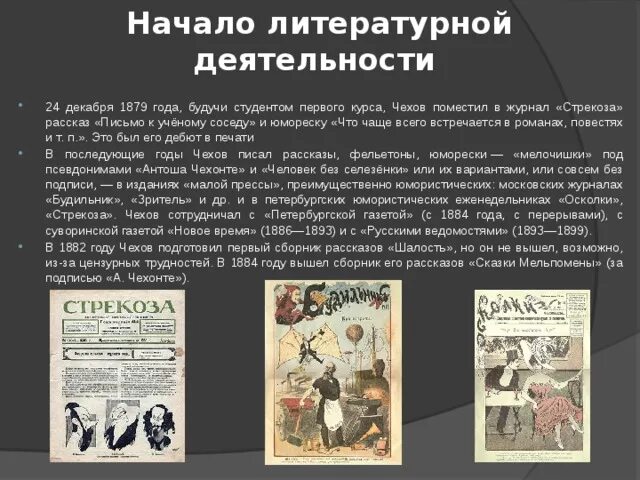 В каких журналах чехов начинает сотрудничать. Литературная деятельность чехова. начало литературной деятельности. формирование писательской деятельности чехова. чехов начало литературного пути.