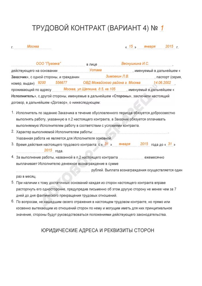 Пример заполнения трудового договора. Заполнение трудового договора с работником. Пример трудового договора заполненный. Заполнение трудового договора образец заполненный образец.