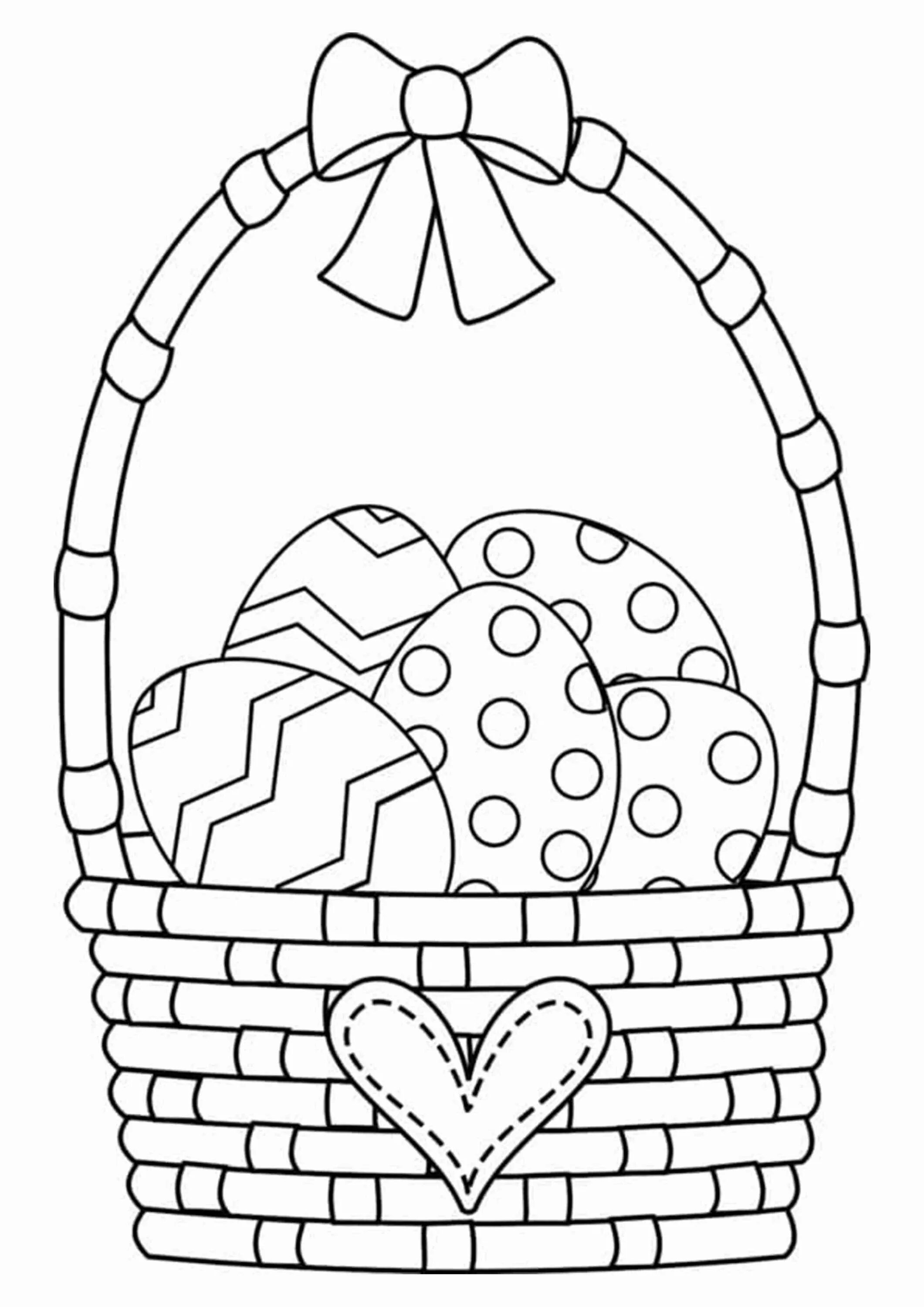 Открытка к пасхе рисунок. Раскраска Пасха. Раскраска пасхальные яйца в корзине. Раскраска Пасха для детей. Корзинка с пасхальными яйцами раскраска.