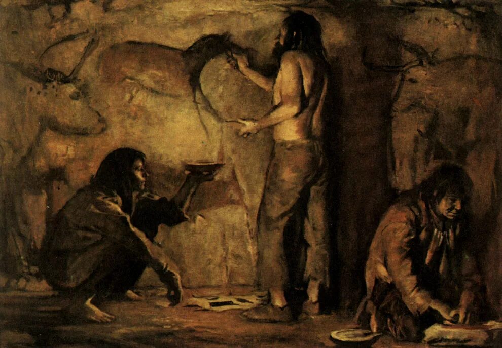 Краски известны человечеству с первобытных времен. Первобытные люди кроманьонцы в пещере. Первобытный человек кроманьонец. Живопись кроманьонцев. Кроманьонец живопись пещер.