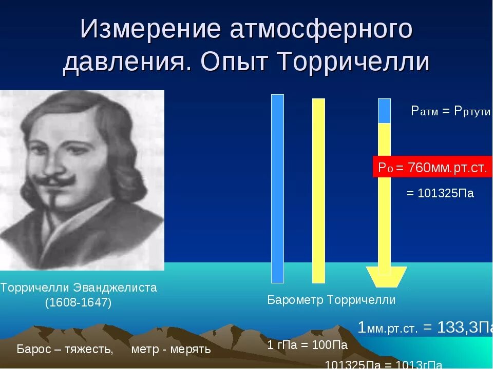 Изменение атмосферного давления 7 класс. Измерение атмосферного давления опыт Торричелли. Эванджелиста Торричелли атмосферное давление. Атмосферное давление физика 7 класс Торричелли. Физика 7 класс измерение атмосферного давления опыт Торричелли.