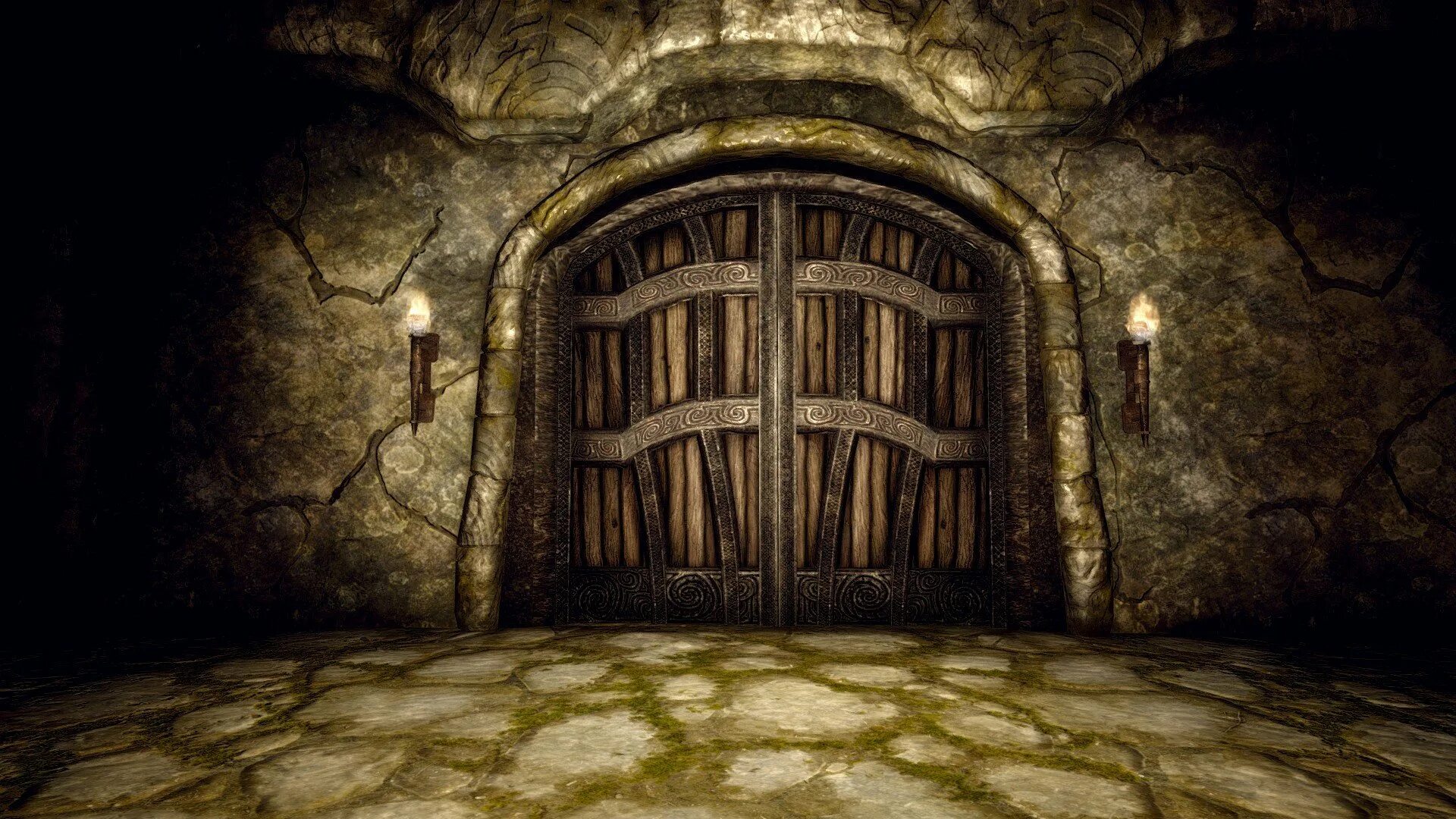 Дверь в пещеру. Сказочная дверь с замком. Сказочные ворота. Мрачное подземелье. Откройте дверь в золотую пещеру