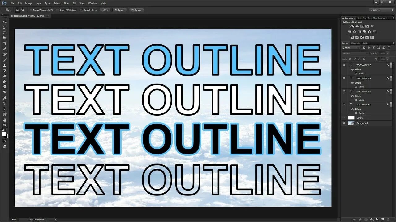 Make up the outline of the text. Outline text. how to blend text in photoshop.