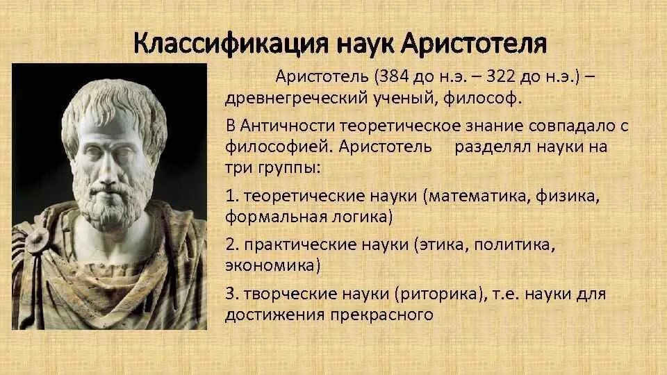 Аристотель (384–322 до н. э.) — древнегреческий философ.. Наука в древней Греции Аристотель. Древняя Греция Аристотель. Классификация наук Аристотеля. Философия древних времен