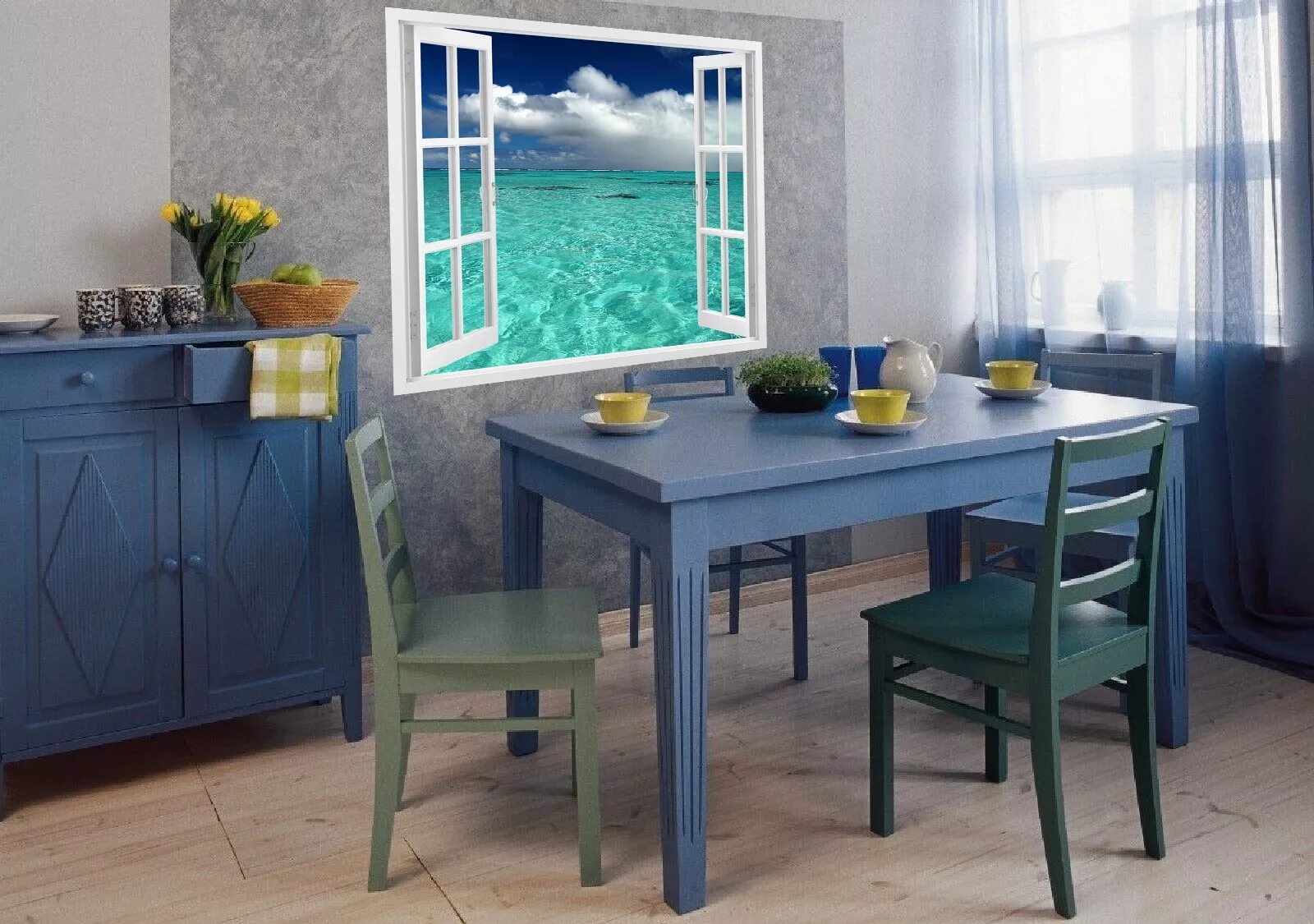 Фотообои в интерьере кухни. Стол обеденный синий. Стол кухонный синий. Синий стол на кухню. Возле стола представлявшего сильно уменьшенную