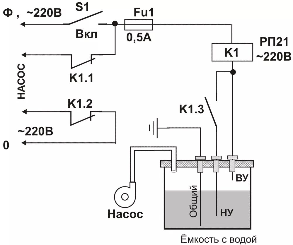 Простейшая автоматика. Электродный датчик уровня воды схема подключения. Схема включения дренажного насоса с датчиками уровня. Схема включения насоса по уровню жидкости. Схема включения реле по уровню воды.