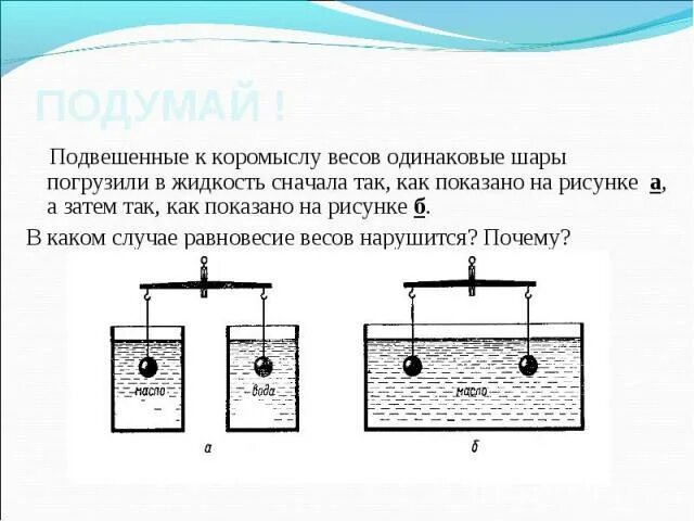 Сила тяжести и Архимедова сила. Шар погруженный в жидкость. Жидкости с одинаковой массой. Тела с разной плотностью одинаковой масс. К промыслу весов подвешены 2 цилиндра одинаковой