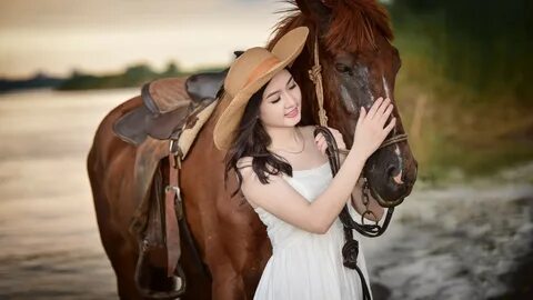 Free download wallpaper Horse, Hat, Brunette, Model, Women, Asian, White Dr...