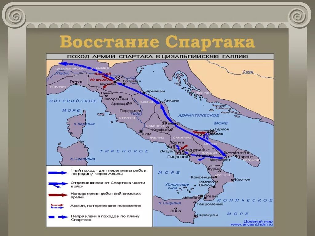 Направление древнего рима. Восстание Спартака 74-71 гг до н.э. Восстание рабов под предводительством Спартака 74 71 гг до н э. Карта похода Спартака в Италии. Рим восстание Спартака 5 класс.