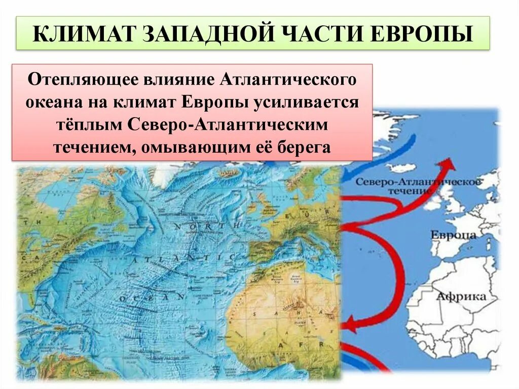 Какой океан не влияет на климат. Климат Атлантического океана карта. Климат Западной части Европы. Влияние Атлантического океана на климат. Части Атлантического океана.