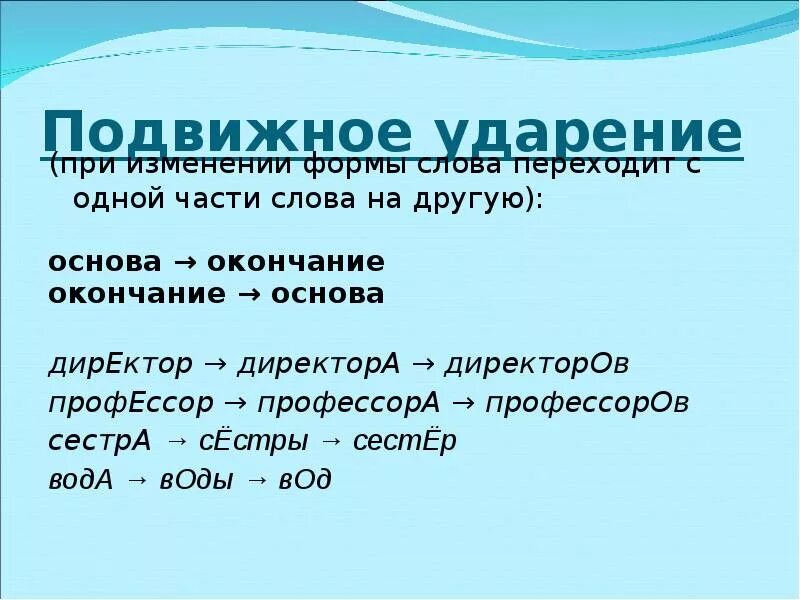 Тренеров ударение в слове. Подвижное ударение. Директора ударение. Подвижные и неподвижные ударения. Подвижные слова с ударением.