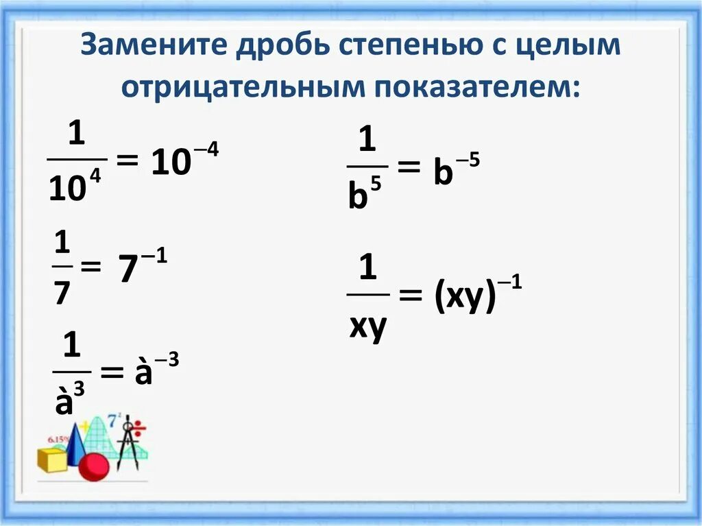 Степень с отрицательным дробным показателем. Возведение в степень в отрицательную дробную степень. Отрицательная дробная степень. Правило степени с отрицательным показателем.