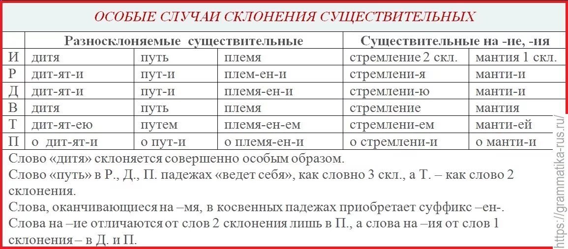 Виды склонения существительных в русском языке таблица. Существительные особого типа склонения. Особые случаи склонения существительных. Исключения существительных первого склонения.