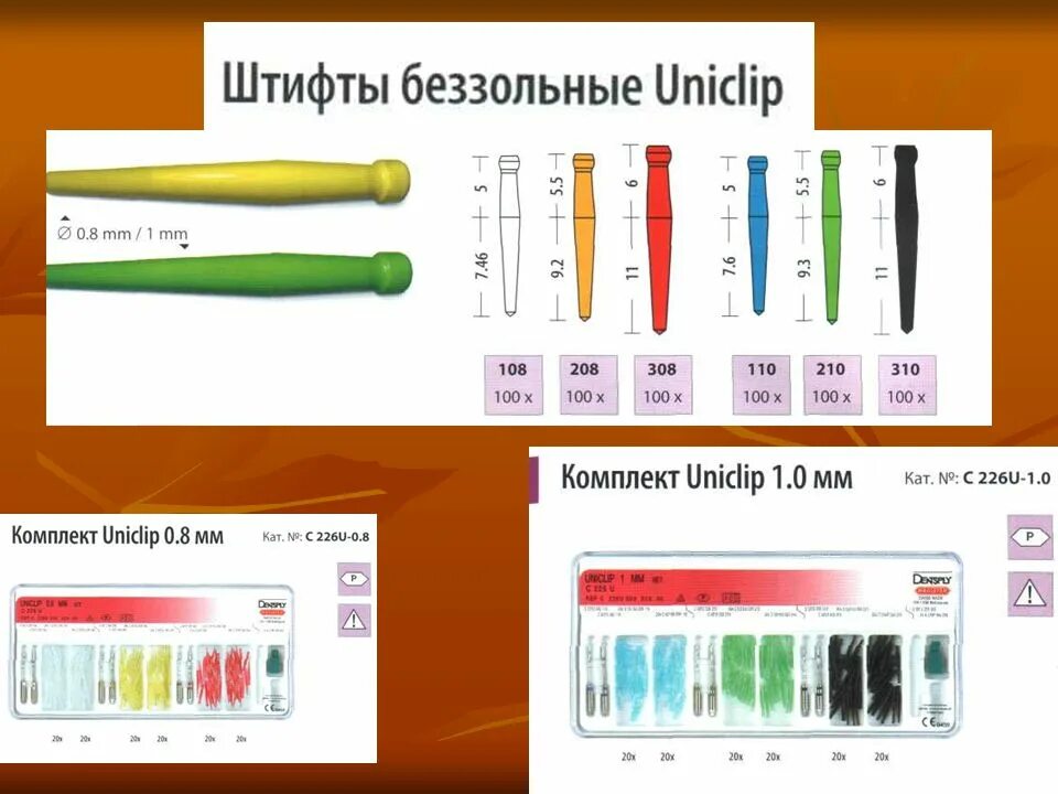 Filling material. Беззольные штифты Дентсплай. Беззольные штифты Юниклип 1мм набор. Штифты беззольные UNICLIP №208 (100 шт), желтые.