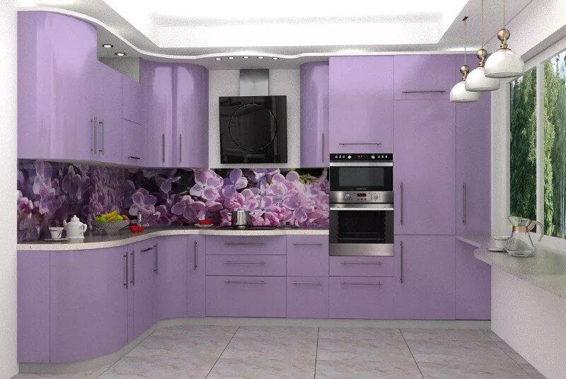 Кухня в сиреневом цвете. Кухонный гарнитур сиреневого цвета. Кухонный гарнитур фиолетовый. Фиолетовая кухня. Кухни цветовые решения.