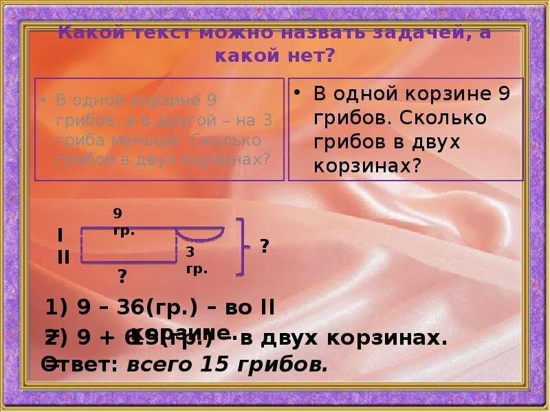 Две корзинки для решения задач. Задачи 6 с параметрами. Задача в одной корзине грибов. Красивое оформление задач на слайде. Во второй корзине было в 3