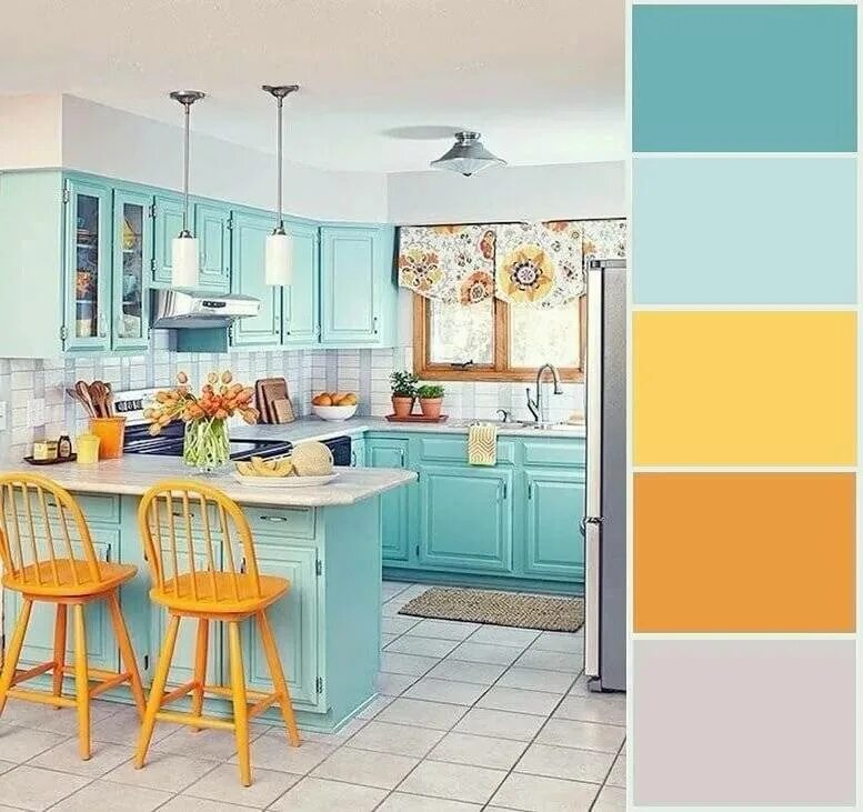 Какие цвета сочетаются на кухне. Цветовая гамма в интерьере кухни. Кухни цветовые решения. Желто голубая кухня. Цветовые решения в интерьере кухни.