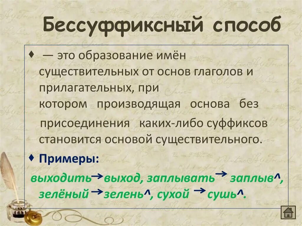 Бессуффиксный способ образования существительных. Бессуффиксный способ образования слов примеры. Бессуффиксальный способ образования. Бессуффиксный способ образования примеры. Как образовалось слово образование