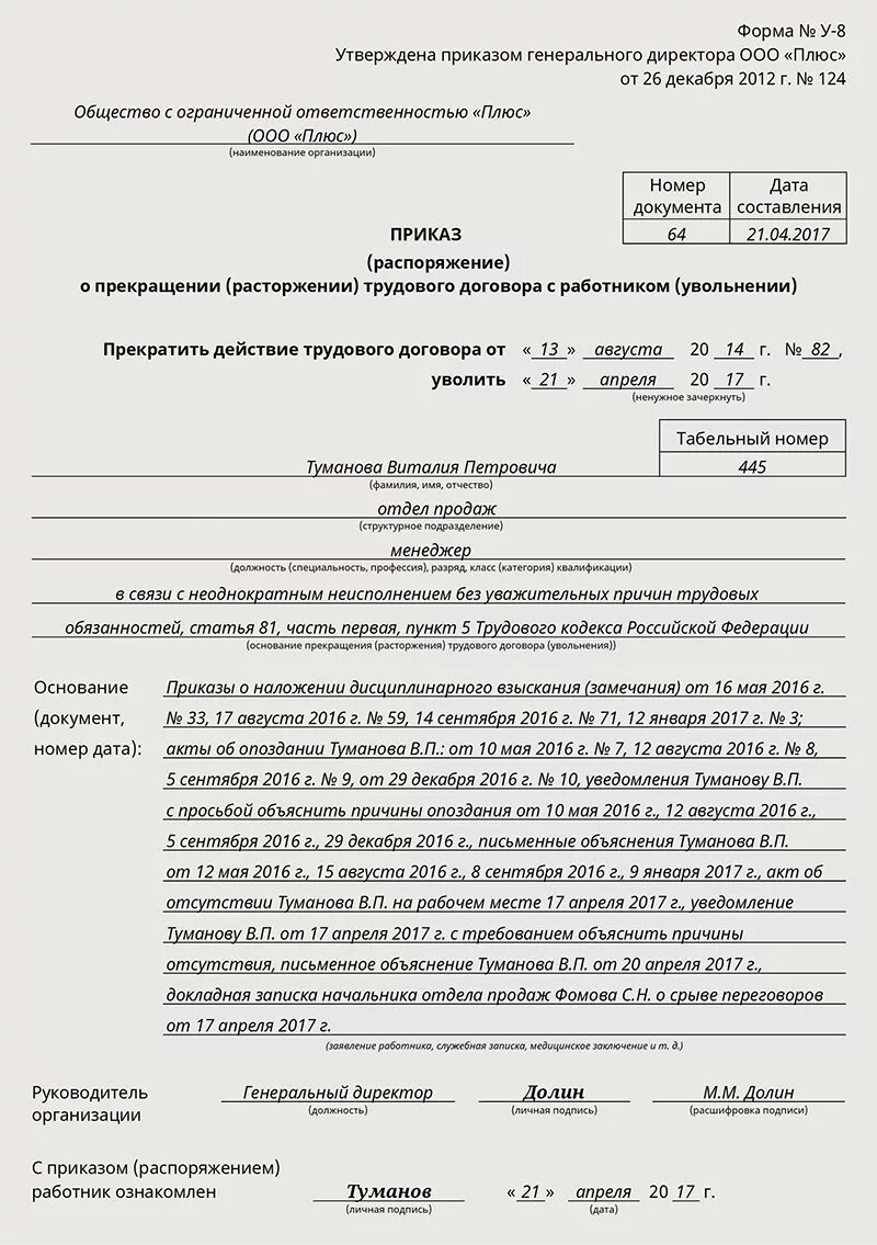 Приказ об увольнении по ст 81 п 5 образец. Образец приказа об увольнении по п 5 ст 81 ТК РФ. Образец приказа об увольнении работника по ст. 81 ТК РФ. Приказ об увольнении по п.5 ст.81 ТК РФ. Увольнение работника по вине