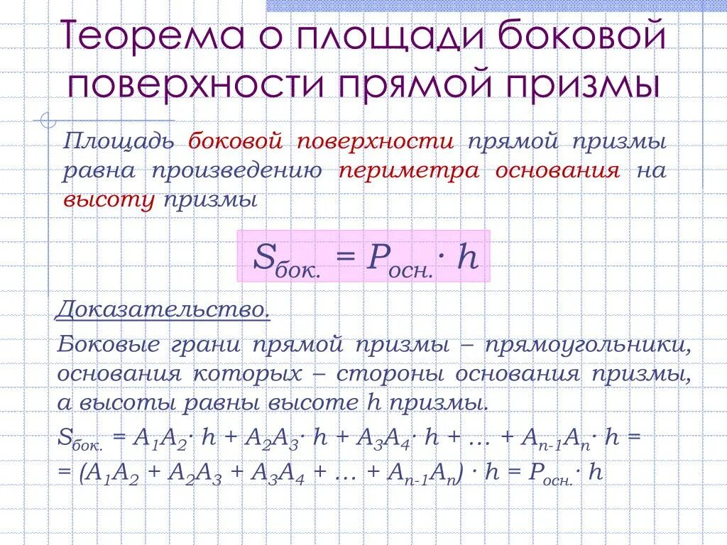 Произведение периметра основания на высоту призмы. Теорема о боковой поверхности прямой Призмы доказательство. Площадь боковой поверхности прямой Призмы доказательство. Доказательство теоремы о площади боковой поверхности прямой Призмы. Доказательство теоремв алощадь.боковой поверхности прямой приз.