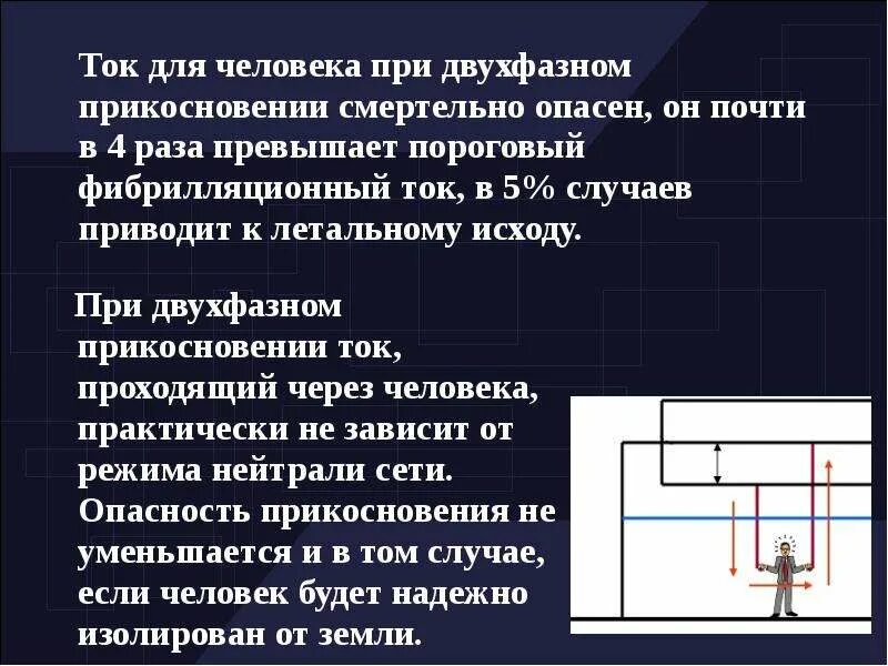 Какие петли тока наиболее опасны. Опасность двухфазного прикосновения. Ток проходит через человека. Двухфазное прикосновение. Опасность однофазного и двухфазного прикосновений.