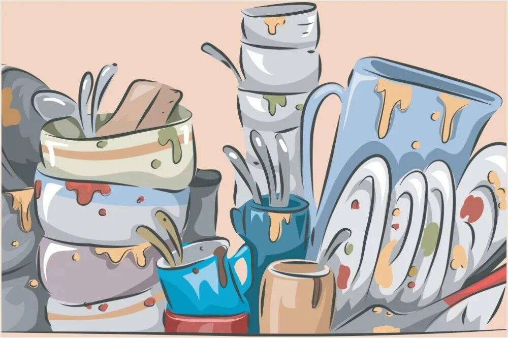 Грязная посуда. Грязная и чистая посуда. Мультяшная утварь для кухни. Посуда иллюстрация. Dirty dishes
