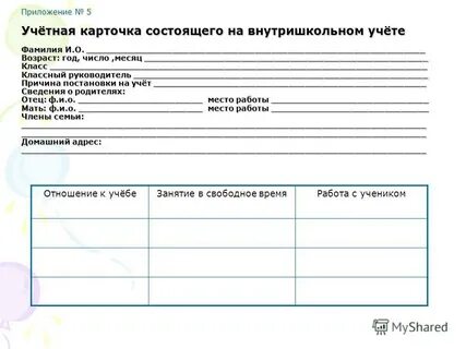 Карта состоящего на внутришкольном учете