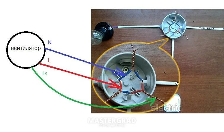 Схема подключения вентилятора в ванной через выключатель. Подключение вытяжного вентилятора через выключатель. Схема подключения вытяжного вентилятора через выключатель. Как подключить вытяжной вентилятор в ванной к выключателю света. Как подключить вентилятор к выключателю